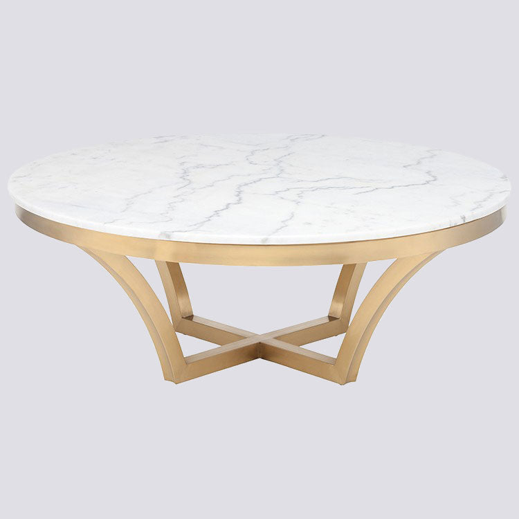TableThe Aurora coffee table is classic contemporary elegance with a luminous one inch marble top and brushed gold stainless steel frame. The simple open cross brace desEdge Decor Aurora Coffee Table Marble Coffee Side Table