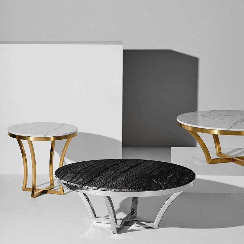 Marble Coffee Side Table TableThe Aurora coffee table is classic contemporary elegance with a luminous one inch marble top and brushed gold stainless steel frame. The simple open cross brace desEdge Decor Aurora Coffee Table