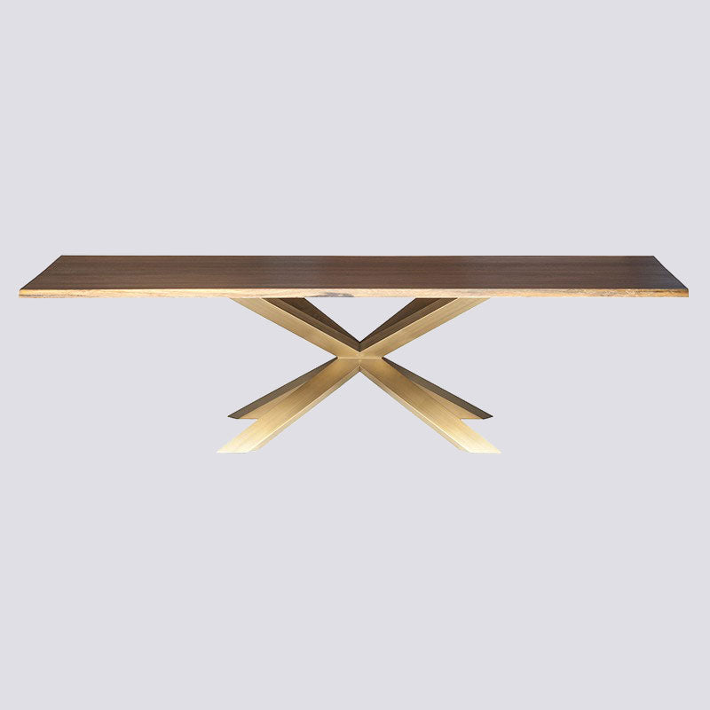 Table
The Couture dining table is an inspired example of bold contemporary design pairing brushed gold stainless steel with a rustic live edge seared oak top. The CoutureEdge Decor Couture Dining Table