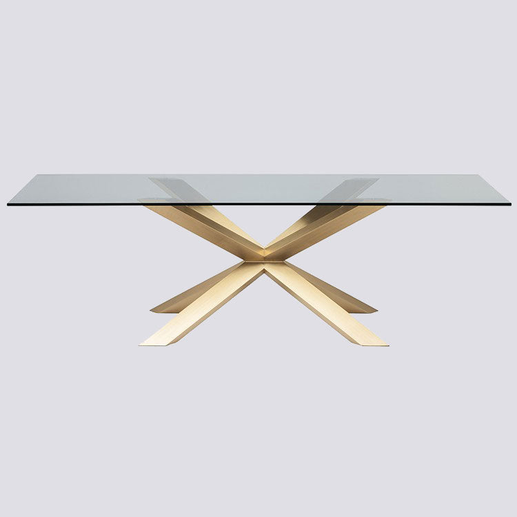 Table
The Couture dining table is an inspired example of bold contemporary design pairing brilliant brushed gold stainless steel with clear tempered glass. The Couture's Edge Decor Couture Dining Table
