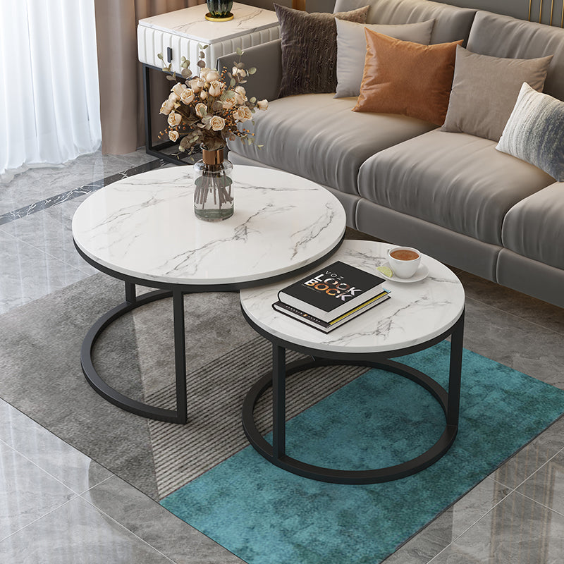 Marble white coffee side table round (black legs)